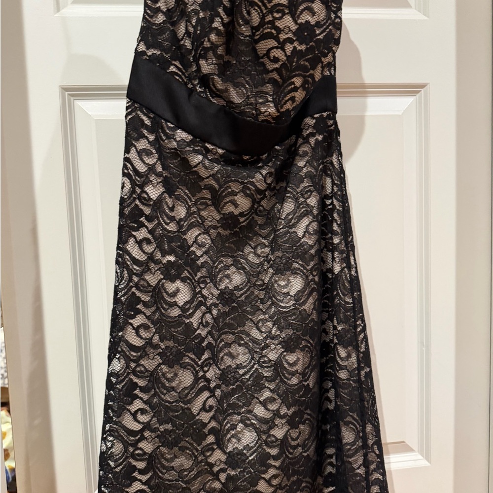 White House Black Market Black Lace and Nude Satin Strapless Dress